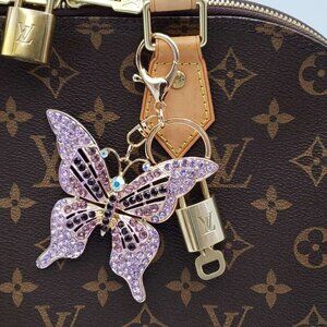 LV Authentic Gold Lock & Key 🔑 Luxury Bag Charm w/ Unbranded Butterfly Keychain